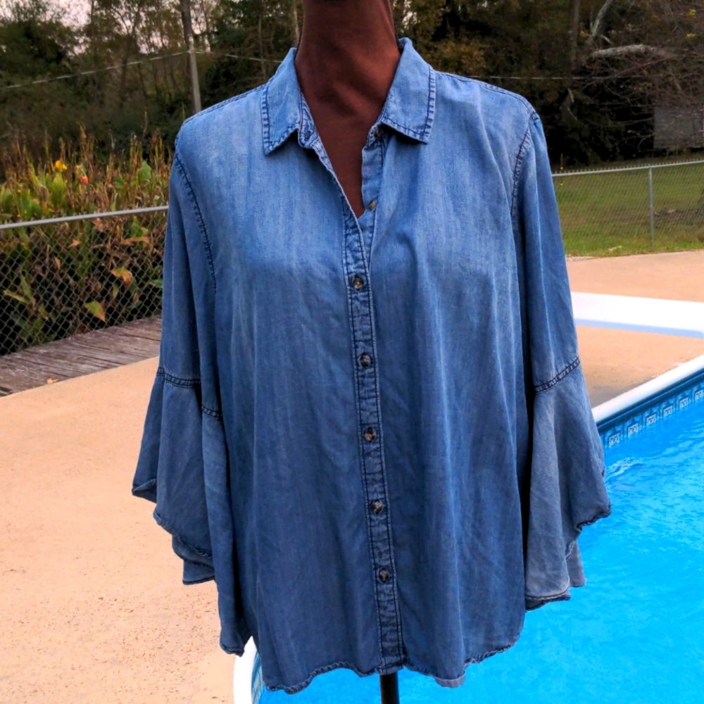 Est 1946 Chambray Button Down w/ Batwing Ruffle Sleeves
